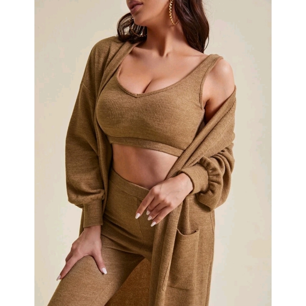 Solid Lantern Sleeves Long Cardigan Crop Tank & Leggings